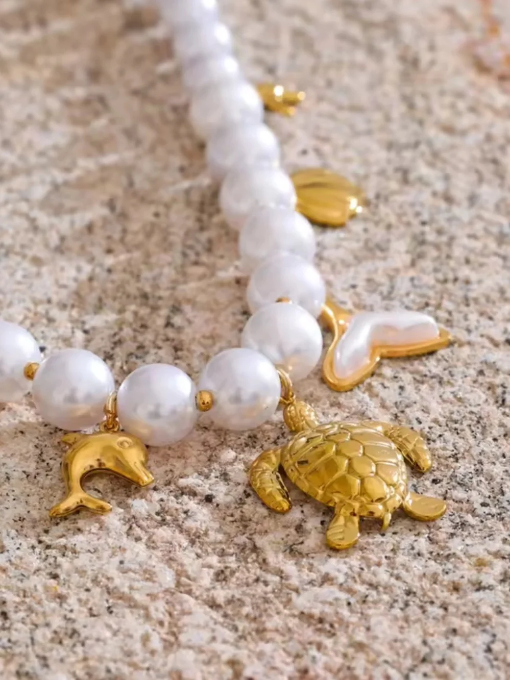 Gold Turtle Pearl Sea Life Charm Necklace